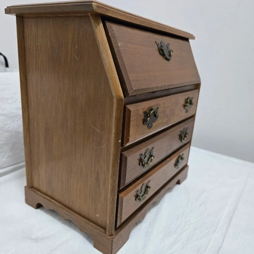 Vintage Wooden Miniature Secretary Desk Jewelry Box 4 Drawer Brass Pulls Brown